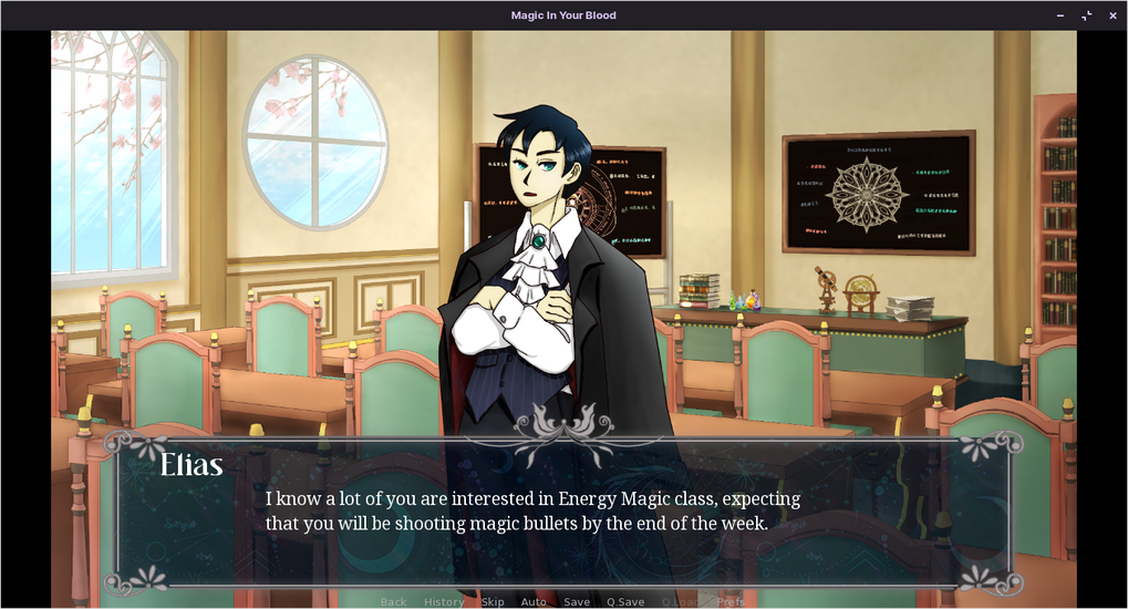 In-game image of a visual novel. There is sprite of a stern-looking male character in noble outfit, standing in front of a classroom background. An ornate dialogue box at the bottom of the window is labelled "Elias" and saying his line, "I know a lot of yo