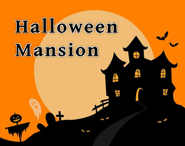 It's a black silhouette of a mansion atop atop a hilly landscape, standing against orange sky and large, pale circle like a moon. There are a couple of bats flying away from the mansion; a few tombs and a scarecrow at the left side in a distance from the m